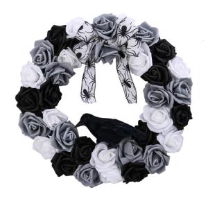 Halloween Wreath Front Door Wreath Gothic Garlands with Black and White Rose Crow For Doorway Window Party Decoration