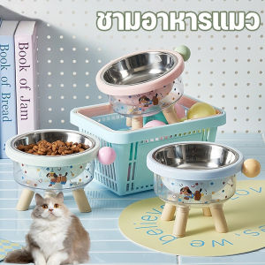 Scten ชามอาหารแมว ชามสแตนเลส ชามขาสูง ปกป้องคอ ทําความสะอาดง่าย ถอดออกได้ มียางกันลื่น