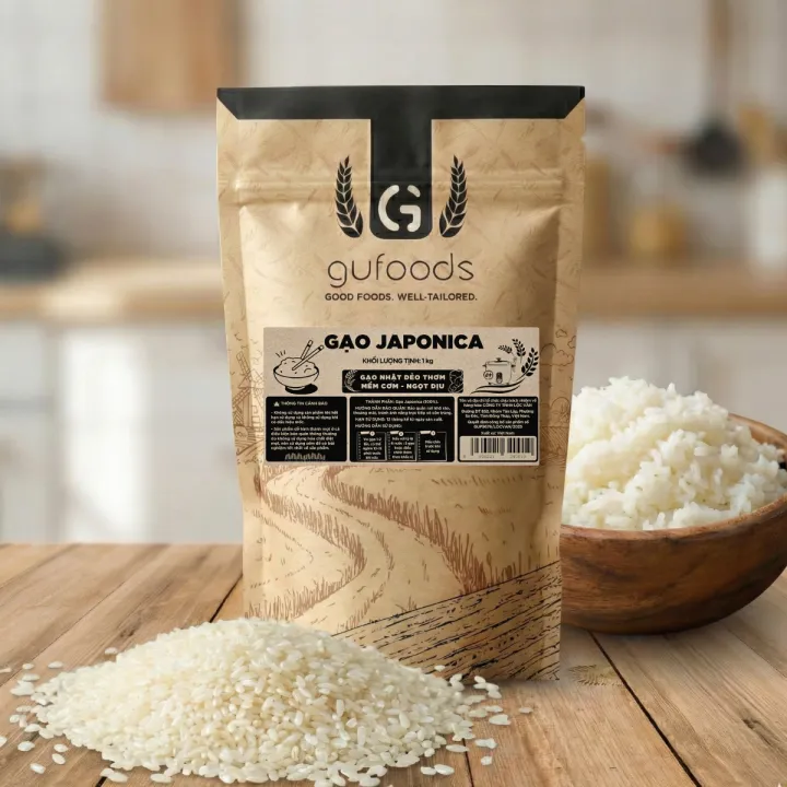 Gạo Japonica GUfoods (túi 1kg) - Ăn dặm cho bé, Làm sushi/cơm cuộn, Dẻo ngọt ngon cơm