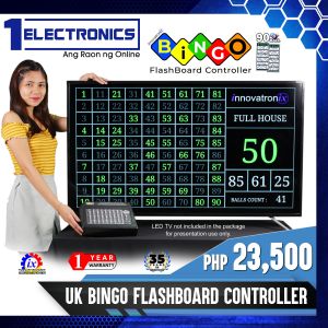 1Electronics 90 Balls – UK version – Bingo Flashboard Controller – with 8 Meters / 26 Feet HDMI Cable and DC 5V Power Supply – Use for Games with 1 Year Warranty | TV NOT Included