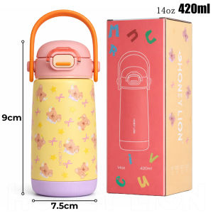 100% Spill-Proof Kids Straw Thermos - Double Wall 304 SS Thermal Flask - 410ML Aesthetic Water Bottle for Back to School & Camping- HoneyLion