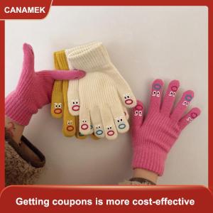 【CANAMEK 】 1 Pair Womens Funny Facial Expression Knitted Gloves Full Finger Gloves Soft Crochet Mittens Cartoon Expression Driving Glove