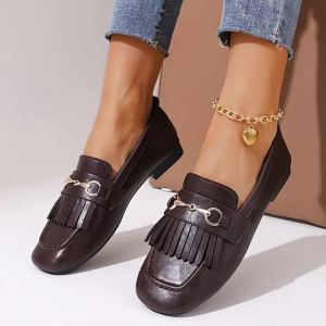 2026 Summer New Spring-Autumn Slip-On Loafers With Horsebit Buckle And Tassels Square Toe Commuting Plus Size WomenS Shoes