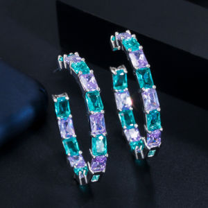SEQUITO Hip Pop Style Women Big Round Hoop Earrings Baguette Cut Blue Purple AAA CZ Zirconia Crystal Balck Gold Silver Plating Bohemia Prty Club Ear Jewelry SE719
