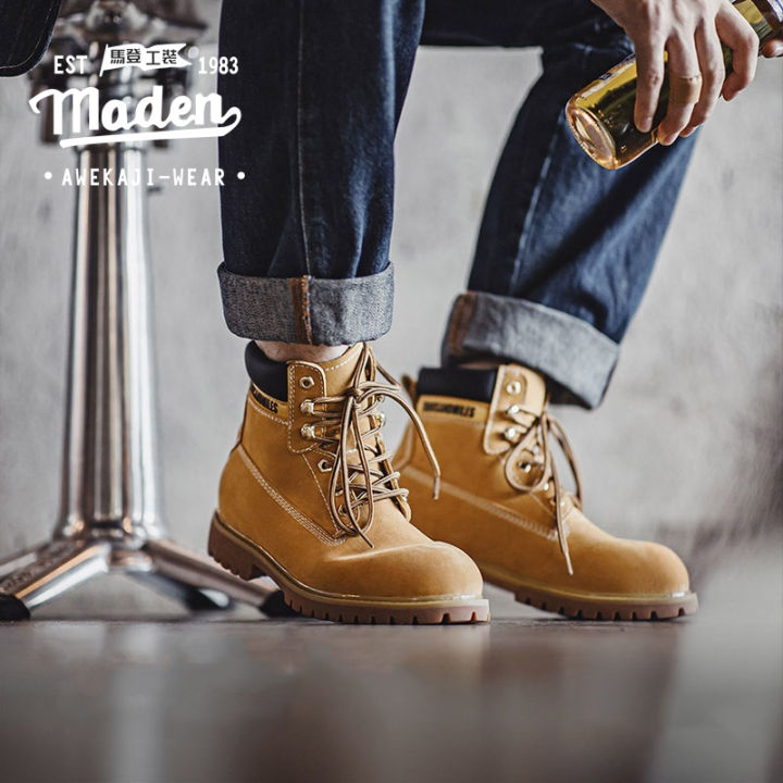 MADEN brand workwear style men's youth 2025 autumn new American style big  yellow boots men's casual mid top boots outdoor hiking boots retro workwear 