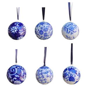 6 Pcs Christmas Porcelain Balls 2.4 Inch Blue and White Chinoiserie Ornament Bulk Hanging Decorative Ceramic Decor for Home Tree Party (Stylish Style)