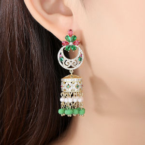 SEQUITO Elegant Long Tassel Bohemian Jewelry Inlay Cubic Zirconia Gold Plated Retro Bell Drop Dangle Earrings Dress Accessories SE287
