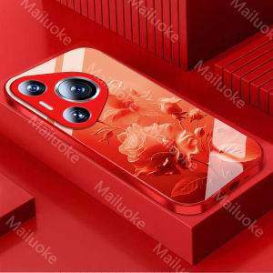 Huawei Pura 70 Case Huawei Pura 70 Pro Case Huawei Pura 70 Ultra Luxury Rose Flower Painted Glass Phone Case INS Style With Wrist Strap Rope Lens Protection All-inclusive Shockproof Back Cover