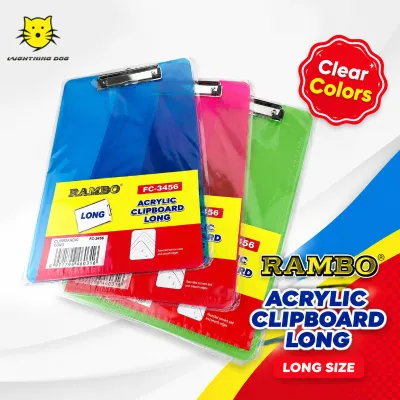 RAMBO FC-3456 Acrylic Clipboard LONG Size Translucent Writing Board with Built-in Ruler Double Scale Heavy Duty Metal Clip For Office School Hospital Warehouse Supplies Document Paper Holder Rounded Corners Random Color Premium Stationeries PH