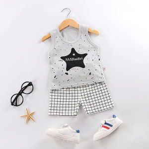 Summer new Korean version of childrens vest set new boys and girls baby cartoon thin sleeveless vest shorts casual loungewear set trendy 0-1-2-3-4 years old baby clothes childrens clothing