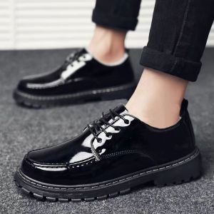 Mens Black Leather Shoes Shiny Casual Shoes Height-Enhancing Breathable Slip-On Business Shoes