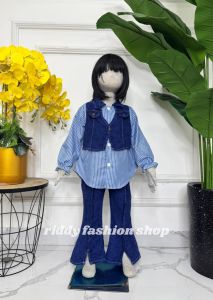 Setelan fuji katun salur rompi jeans anak perempuan usia 3 - 12 tahun / set salur mix jeans celana cutbray - setcel viral anak model terbaru