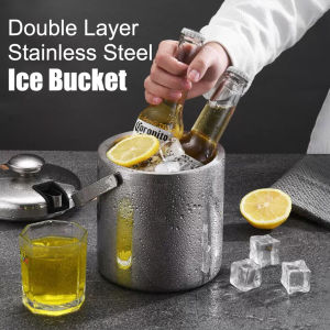 [Local Delivery] 1.3L Ice Bucket Stainless Steel Double Layer Beer Buckets Container with Tongs Clip and Lid Ice Pail Wine Cooler for Bar KTV Paty BBQ Outdoor