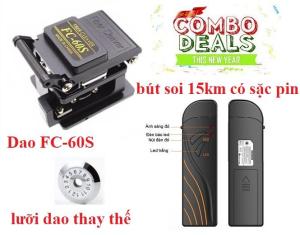 Bút soi lỗi sợi quang SGV 15km dùng sặc pin và Dao cắt sợi quang FC-60S Tặng lưỡi dao 12 lỗ trắng