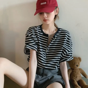 COCOEPPS T-shirt Women Loose Korean Style Striped Short-sleeved Zipper Ins Tide Large Size Top CC