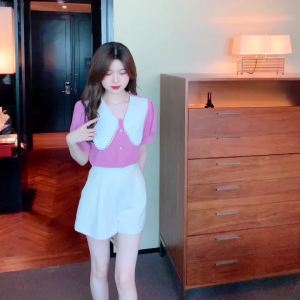 Ammin 2024 Mùa Hè Mới Bé Cổ Áo áo cánh vải voan Phụ Nữ Của Pháp Thêu Cut-out Ren Ve Áo Lỏng Lẻo nút ngọc trai Một hàng khuy tay ngắn áo blouse thanh lịch