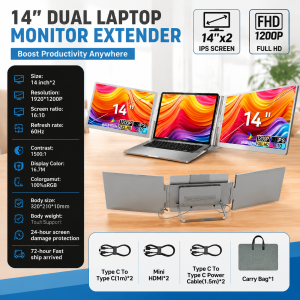 【24 Month Warranty】14"Portable Triple Monitor For Laptop Screen Extender Dual Video Visualizer FHD 1200P IPS Supported