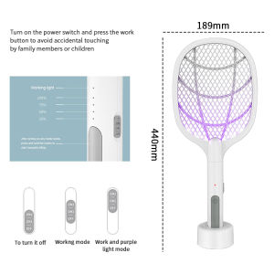 3 In 1 Raket Membunuh Nyamuk Elektrik Rechargeable Electric Mosquito Killer Racket Mosquito Swatter with LED & Stand 充电电蚊拍