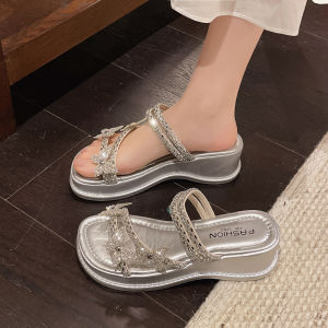 [Free Shipping] Rhinestone Bow Thick-Soled Sandals for Women Summer 2026 New Model Can Be Worn with Skirts Two-Way High-Heel Sandals