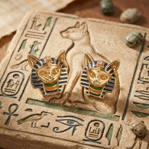 FIRST SONG Enamel Egyptian Style Stud Earrings Unique Zircon Cat Pharaoh Earrings Fashionable Jewelry Silver Ear Studs Hipster