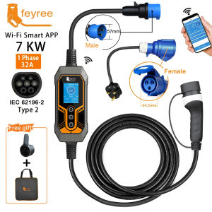 feyree Portable EV Charger Type2 32A 7KW 16A 11KW 3 Phase EVSE Wi-Fi APP Control Adjustable Current Smart Timing Charging for Home & Outdoor Use 110V/220V suitable for BYD ATTO VOLVO Haval Mercedes-Benz Hyundai BMW Tesla etc.