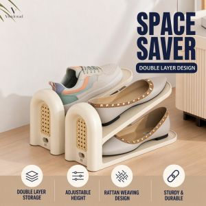 Double Layered Portable Adjustable Shoe Rack Rattan Weaving Space Saving PP Shoe Stand For Hall