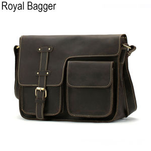 Royal Bagger Genuine Cow Leather Shoulder Sling Bag For Men Boys Crazy Horse Skin Fashion Crossbody Briefcase Bag Casual High Capacity Messenger Handbag