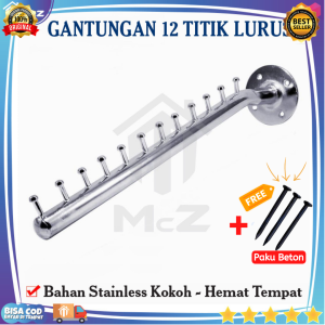 Gantungan 12 Titik Lurus Free 3Pcs Paku Beton - Gantungan Baju Besi Stainless - Gantungan Baju Tempel Tembok - Gantungan Tempel Dinding - Gantungan Baju Multifungsi - Hanger Gantungan Baju - Gantungan Baju Dinding - Gantungan Baju Hanger - Bisa COD