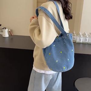 Cross-border embroidered denim bucket bag large capacity fashionable and trendy shoulder bag tote bag shopping bag