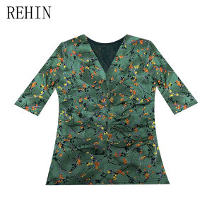 REHIN Womens top Summer new fashion green floral printed V-neck pleated mesh hot drill mid-sleeve T-shirt short sleeve blouse
