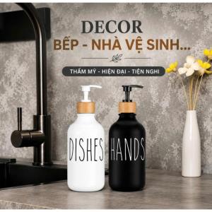Chai thủy tinh decor 500ml bộ 2 chai kèm kệ gỗ đựng nước rửa tay nước rửa chén