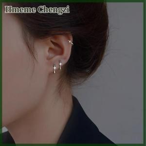 Hmeme Four-pointed Star Cross Small Hoop Earrings For Men Women Hip Hop Retro Black -color Street Gothic Ear Jewelry