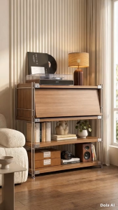 GMSHOP Modern Minimalist Flip Door Storage Cabinet with Open Shelves & Metal Frame Kabinet Simpanan