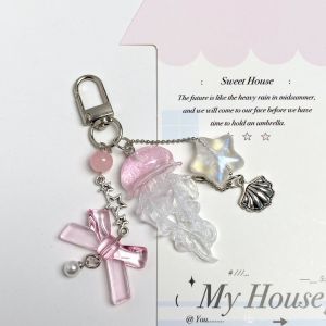 UTOPUS Crystal Móc khóa điện thoại hình sứa Nàng tiên cá sao biển Hạt cườm hình nơ đuôi cá Móc khóa phong cách Fairycore Thời trang Dây đeo điện thoại Dành cho ví và cặp sách
