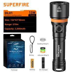 SUPERFIRE DL01 15W Diving Flashlight IPX8 Deep Waterproof Professional LED Flashlight 100M Underwater Diving Super Bright 1400lm 21700 Battery Dive Torch