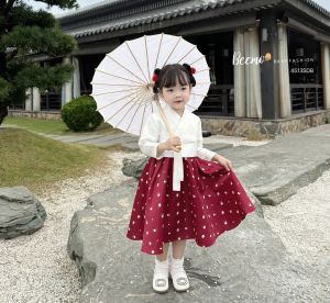 Đầm công chúa hanbok hoa màu hồng cho bé gái diện tết đẹp size 12-35kg hàng Thiết kế