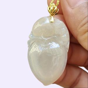 Semi Icy Yellow Natural Type A Jadeite Jade crafted with Monkey and Peach as Pendant with 18k clasp certificate weighs 6.97 grams measurement 35 * 21.2 * 5.5 mm (18kp91)