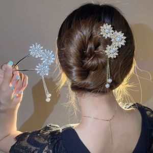 FA Gold Hairpin Retro Hairstyle Design Tool Diamond Flower Chinese Style Headwear U Shaped Hairpin Pearl Hairpin Hanfu Hair Sticks Ancient Style Hairpin