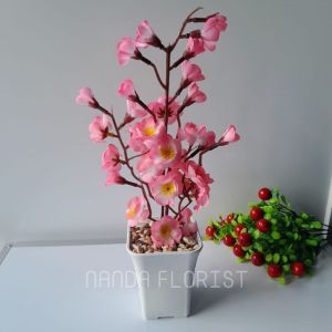 Bunga Sakura Plastik Lengkap Dengan Pot Plastik Dan Batu Hiasan// Cod Bunga Hias Dekorasi Rumah