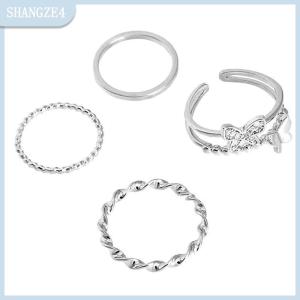 【SHANGZE4】 3Pcs 4Pcs Hip Hop Punk Mở Có Thể Điều Chỉnh Nhẫn Set Womens Vòng Bướm Kim Loại Vòng Tay