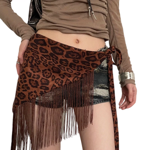 Leopard Print Fringe Wide Waist Belt Triangular Hip Curtain For Women Polyester Stretchy Adjustable Fashion Accessory