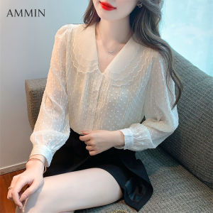 AMMIN Korean style long-sleeved womens doll collar lace chiffon shirt autumn new fashion temperament wave point embroidered lace top