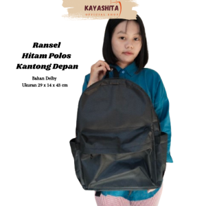Tas Ransel Sekolah Hitam Polos Dengan Kantong Depan