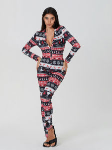 Christmas Women Pajamas Jumpsuit for Women Sleepwear V Neck Long Sleeve Christmas Cartoon Printed Pajamas Overall Homewear