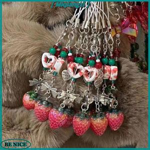 [miqiangzi] Unique Sweet Strawberry Phone Charms Pendant Cute Bow Heart Beaded Keychain Camera Schoolbag Decoration Accessories Gifts