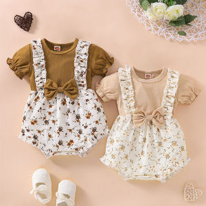 Stretchable Baby Romper For Girl 1 Year Old Brown Apricot Newborn Baby Girl Clothes Set Short Sleeve