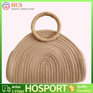 【HCS】Handwoven Straw Bag Chic Cotton Rope Shoulder Purse Retro Holiday Travel Handbag Vacation Bag for Women and Girls