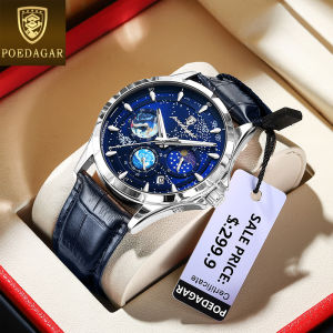 POEDAGAR luxury chronograph watch for men waterproof sale original genuine leather multifunctional calendar starry sky moon dial watch