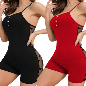 Womens Spaghetti Strap Sheer Romper Shorts Breathable Yoga Outfit Heart Print Design Bodysuits For Vacation Nightclub