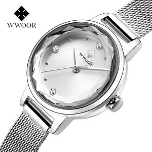 WWOOR Fashion Ladies Casual Watch Top Luxury Women Diamond-Accented Japanese Quartz Wristwatch Crystal Lens Stainless Steel Mesh Band